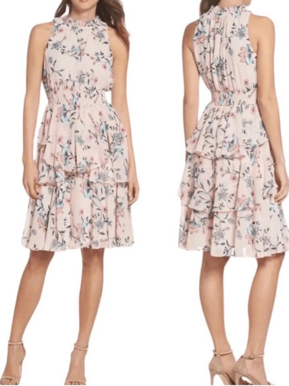 Eliza J Blush Floral Halter Tiered Midi Dress